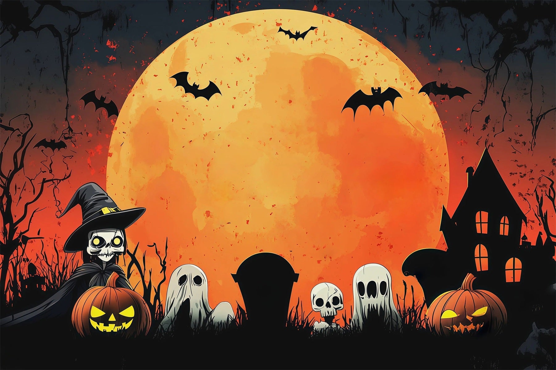 Backdrop Halloween Photo Booth Orange Moon Ghost Gathering Halloween Party Photo Backdrop RR67-20