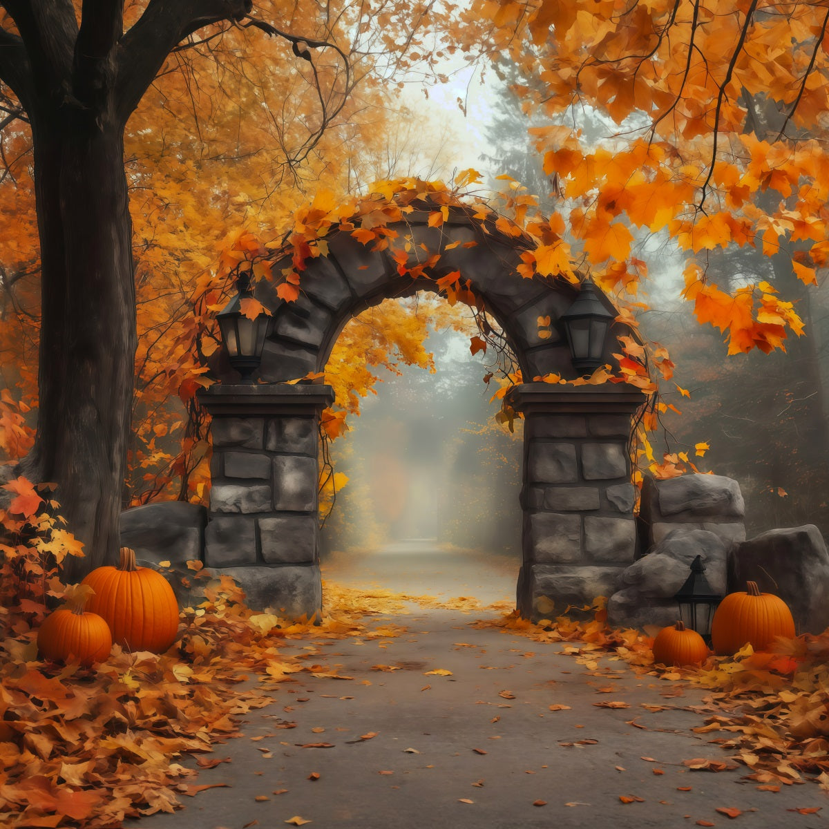 Autumn Backdrop With Pumpkins And Leaves Stone Gateway Photography Backdrops Halloween RR67-200