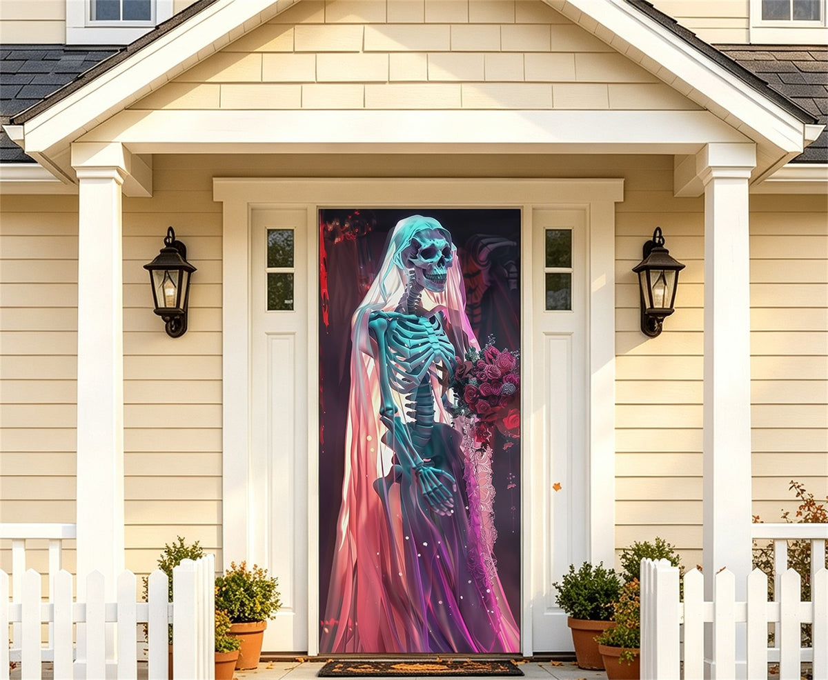 Skeleton Bride Door Gothic Wedding Bouquet Halloween Bedroom Door Poster RR67-206