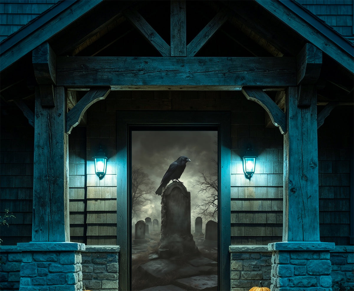 Crow Cemetery Door Foggy Tombstone Raven Watch Large Halloween Door Cover RR67-212