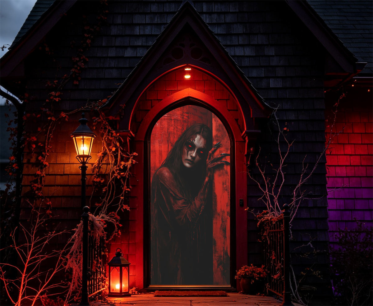 Vampire Coffin Door Crimson Demon Doorway Stare Spooky Halloween Door Banner RR67-214