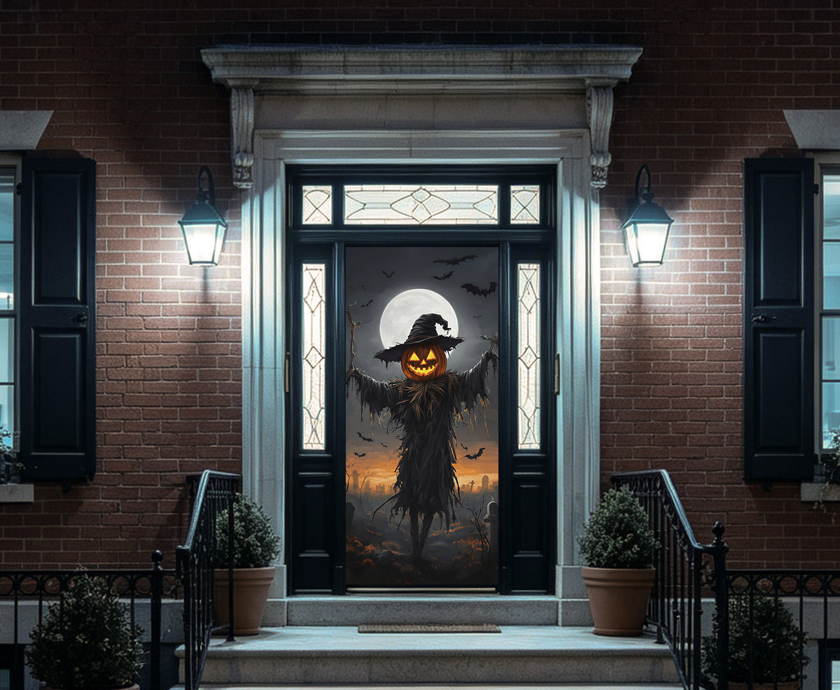 Pumpkin Scarecrow Door Moonlit Graveyard Bat Halloween Home Door Decor RR67-219