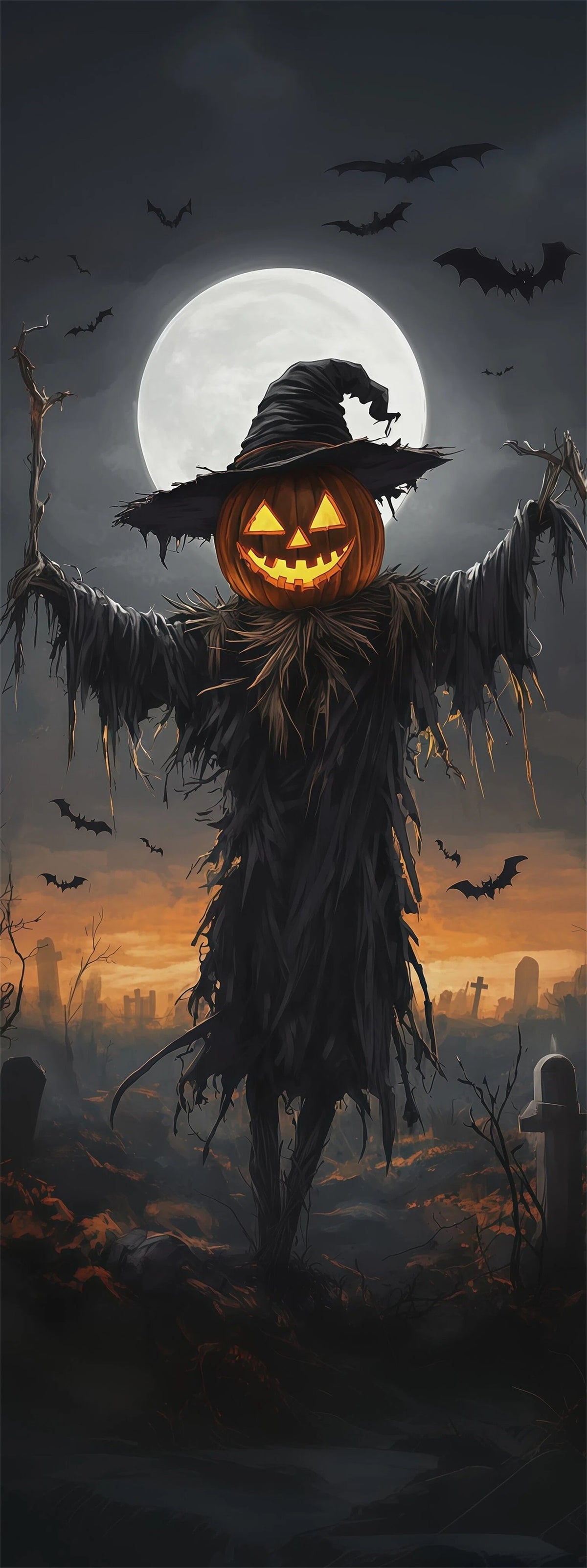 Pumpkin Scarecrow Door Moonlit Graveyard Bat Halloween Home Door Decor RR67-219
