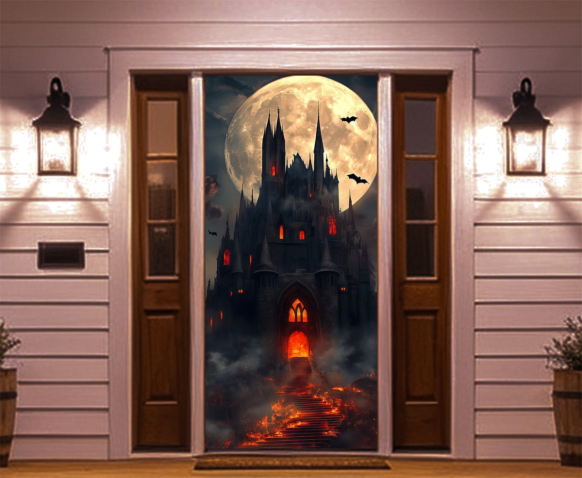 Gothic Castle Door Moonlit Infernal House Halloween Door Banner RR67-221