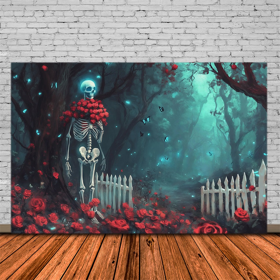 Fabric Halloween Backdrop Skeleton Rose Forest Path Halloween Backdrop For Pictures RR67-29
