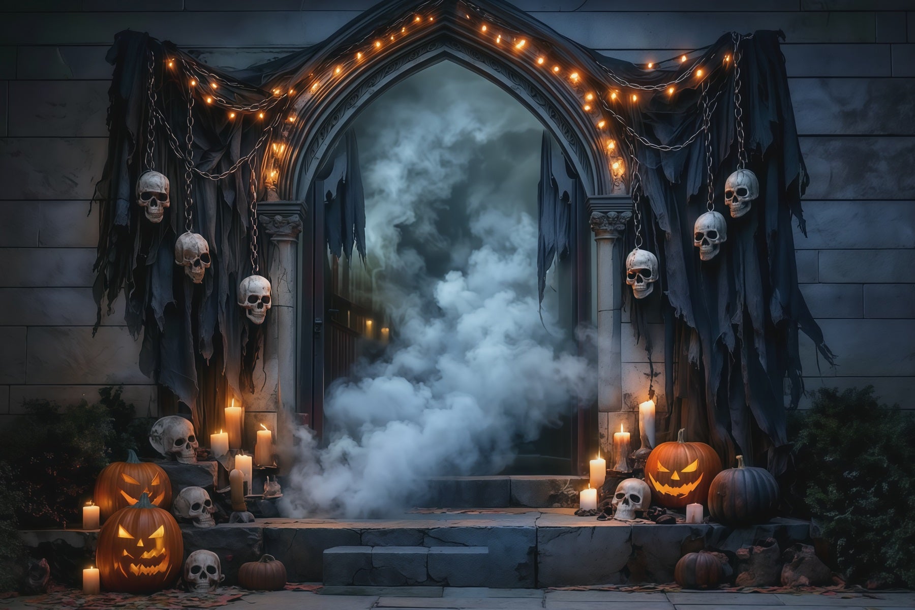 DIY Halloween Backdrop Ideas Skull Draped Foggy Doorway Scary Backdrops For Halloween RR67-31
