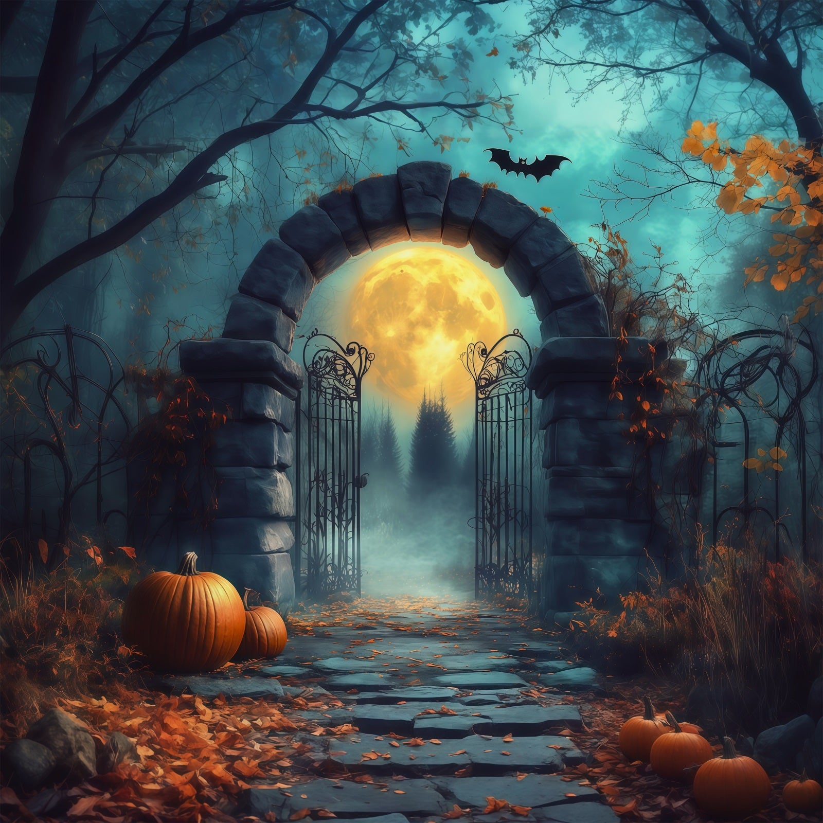 Halloween Arch Backdrop Moonlit Stone Gate Pumpkins Large Halloween Backdrops RR67-33