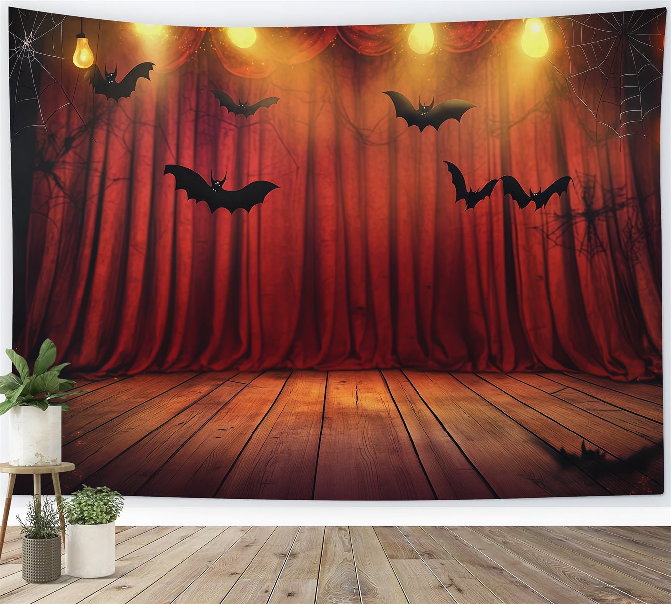 Halloween Stage Backdrop Red Curtain Bat Stage Halloween Photography Backdrops RR67-35