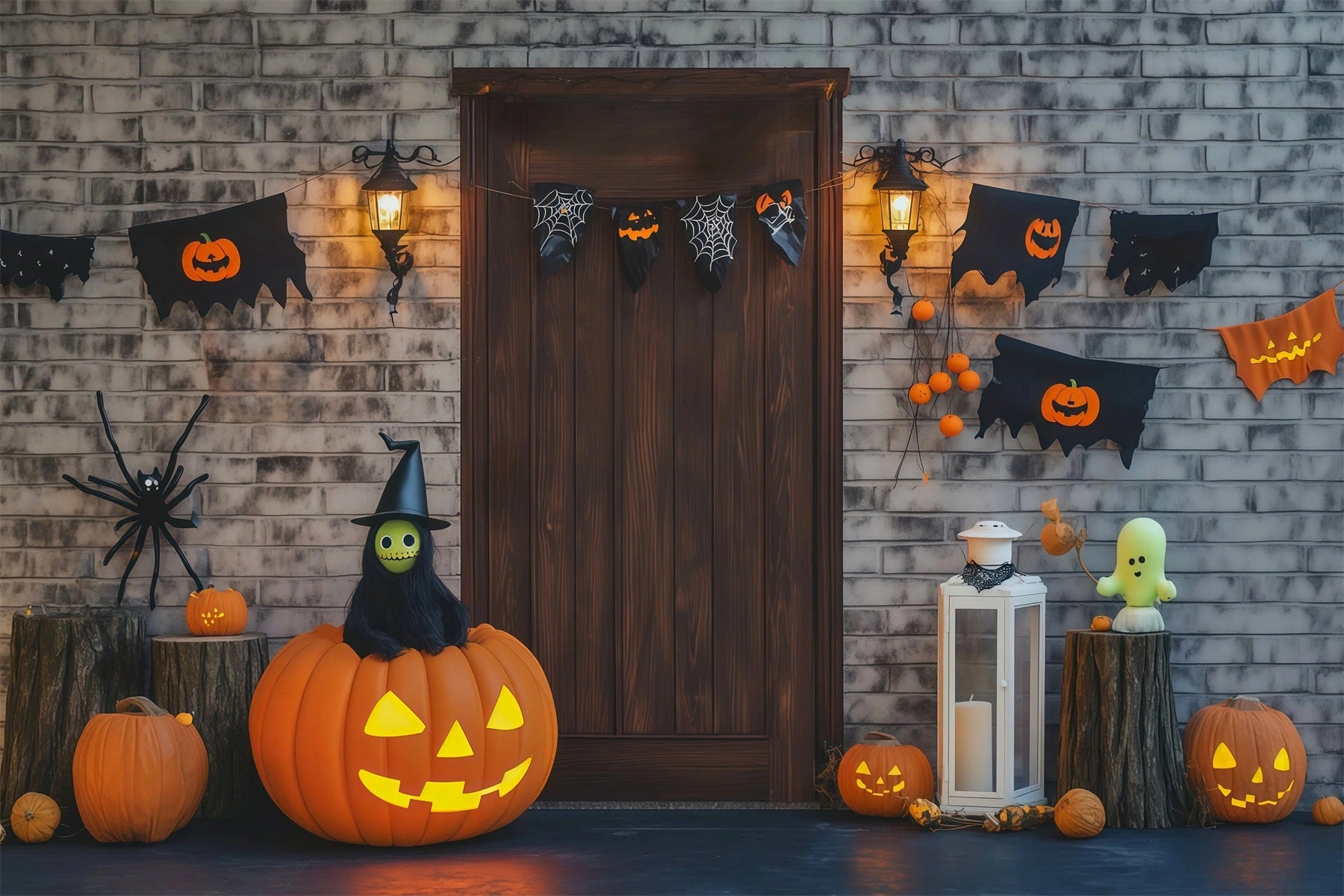 Halloween Theme Backdrop Brick Door Pumpkin Decorations Halloween Backdrop For Photos RR67-4