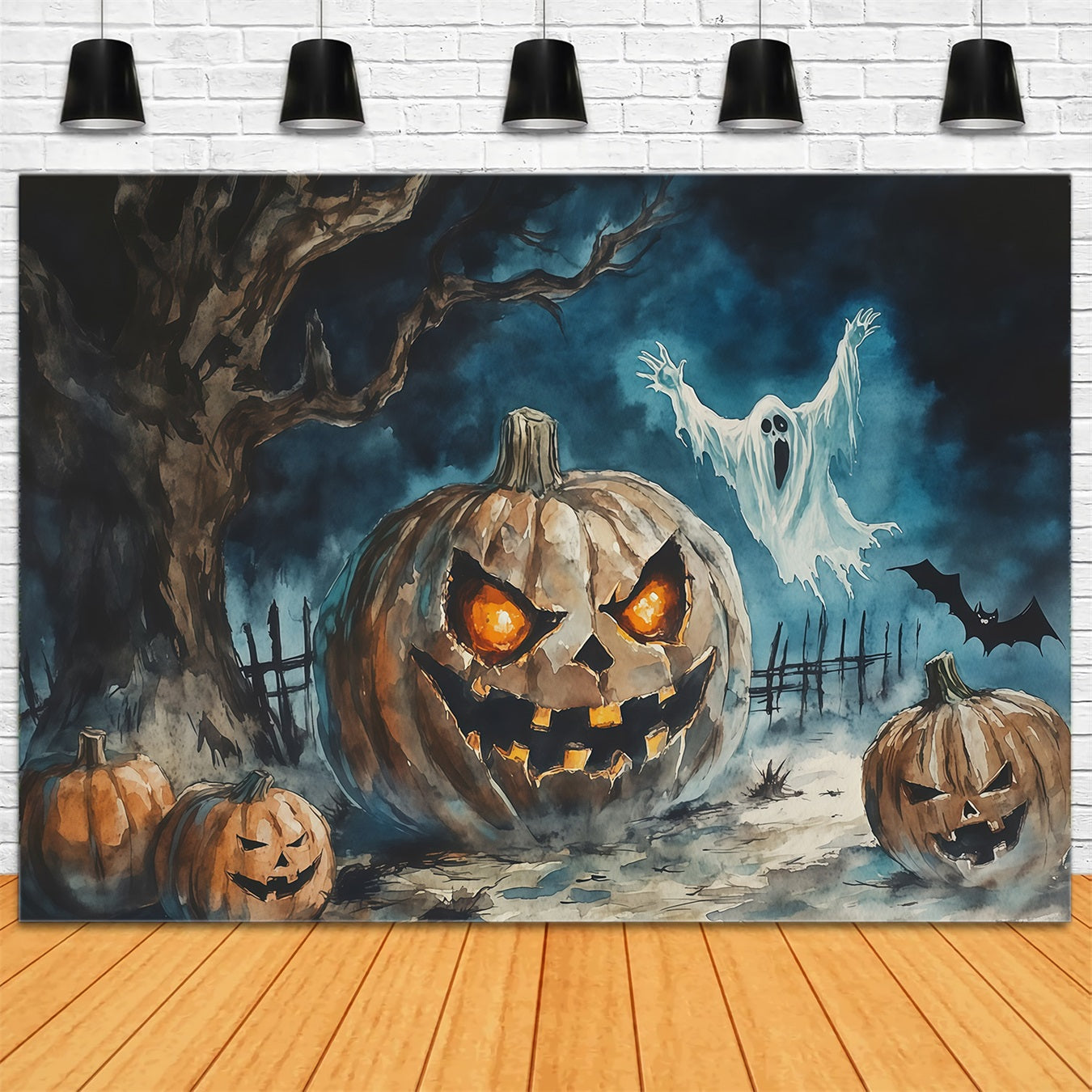 Halloween Backdrop Photography Watercolor Pumpkin Ghost Tree Halloween Scary Backdrop RR67-42