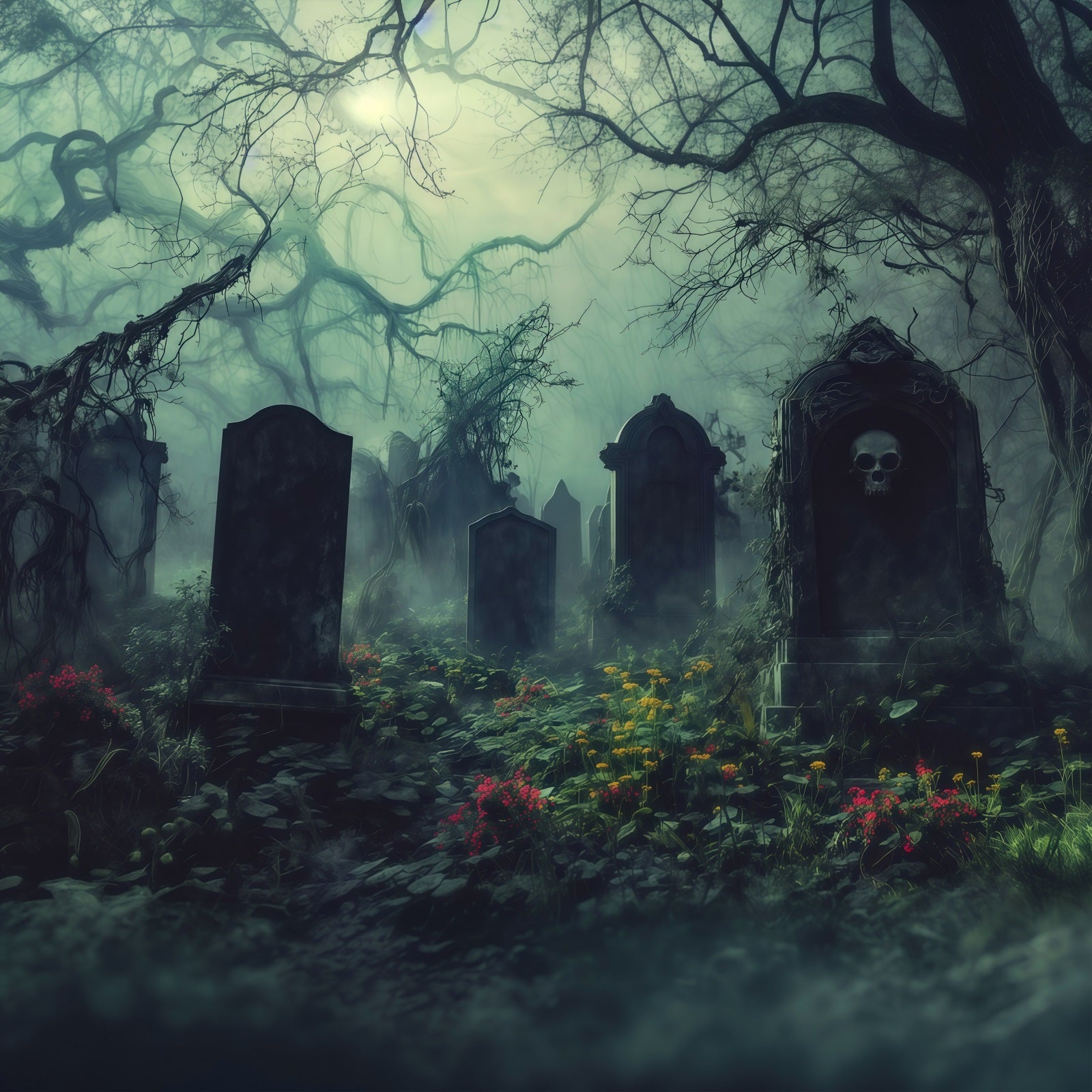 Halloween Cloth Backdrop Misty Overgrown Graveyard Tombstones Graveyard Halloween Backdrops RR67-43