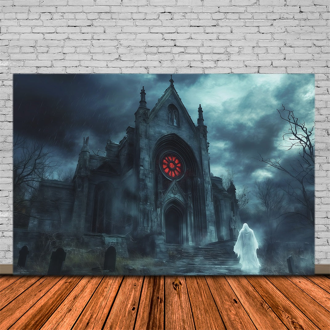 Halloween Party Photo Backdrop Ideas Rainy Gothic Chapel Ghost Creepy Halloween Backdrop RR67-45