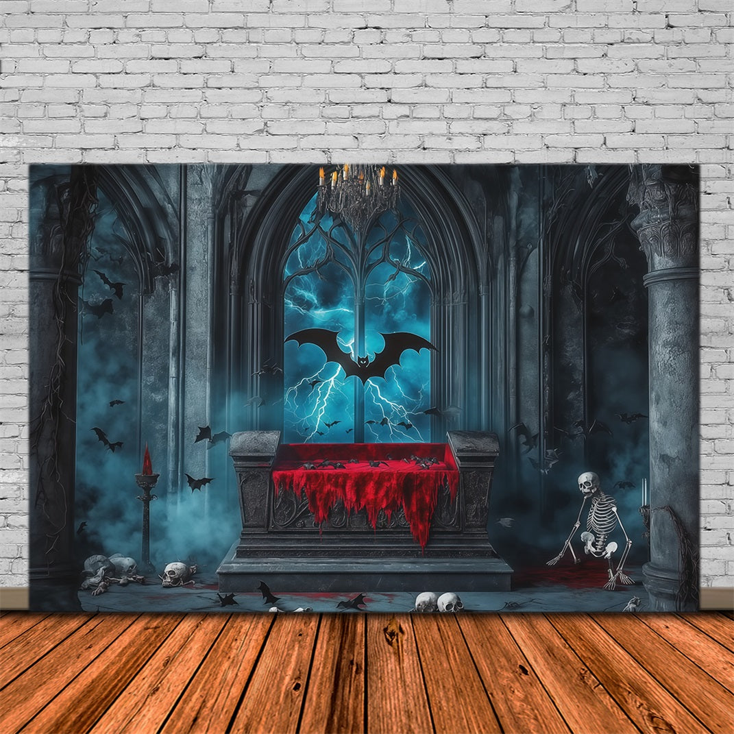 Halloween Scene Backdrop Gothic Coffin Skeleton Bats Backdrop For Halloween RR67-46