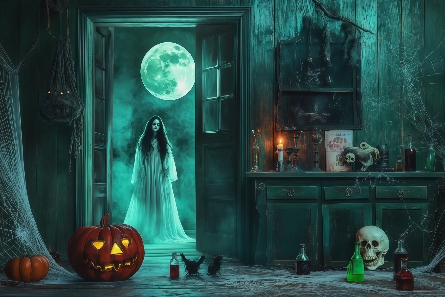 Scary Halloween Photo Backdrops Ghostly Moon Cabinet Room Happy Halloween Backdrop RR67-47