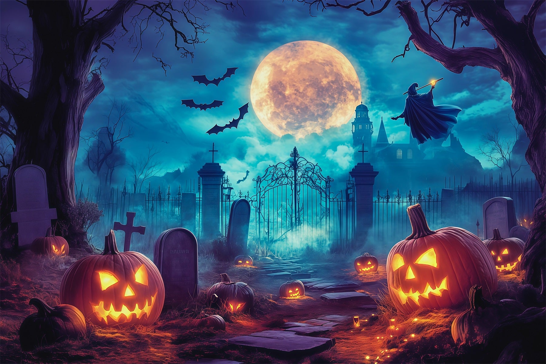Halloween Themed Backdrops Moonlit Witch Pumpkin Graveyard Halloween Backdrop Ideas RR67-5