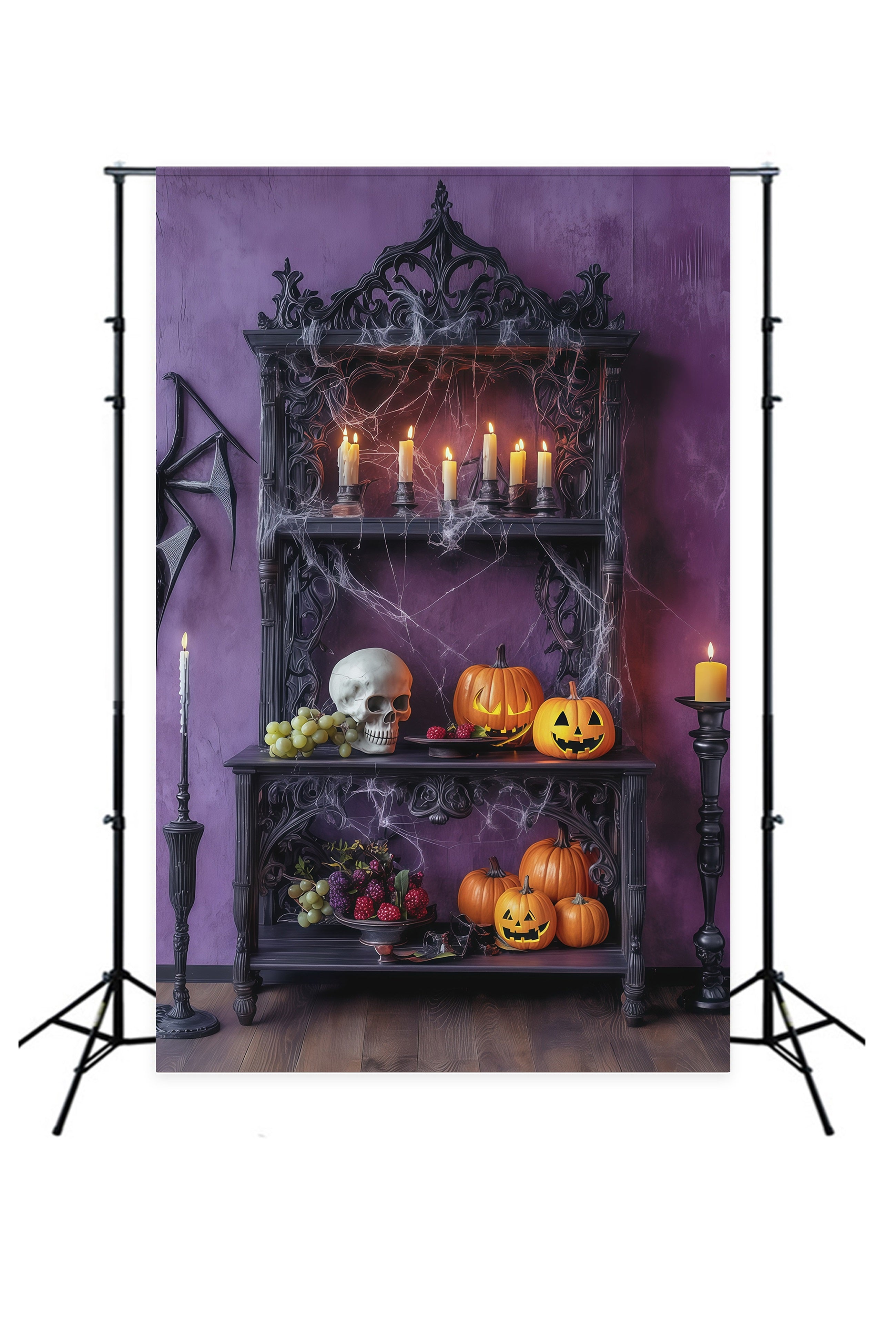 Halloween Themed Backdrops Purple Candle Skull Shelf Halloween Backdrop Ideas RR67-55