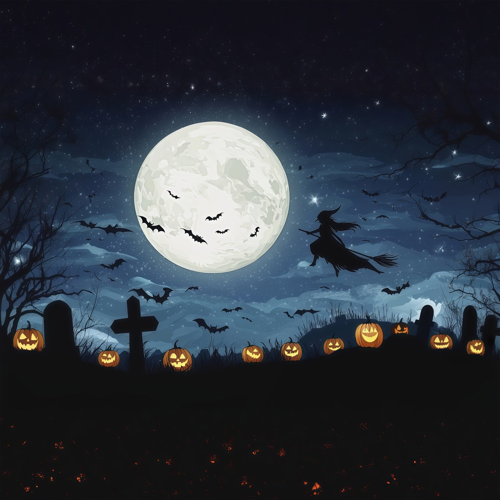 Halloween Moon Backdrop Moonlit Witch Graveyard Pumpkins Halloween Photo Backdrops RR67-58