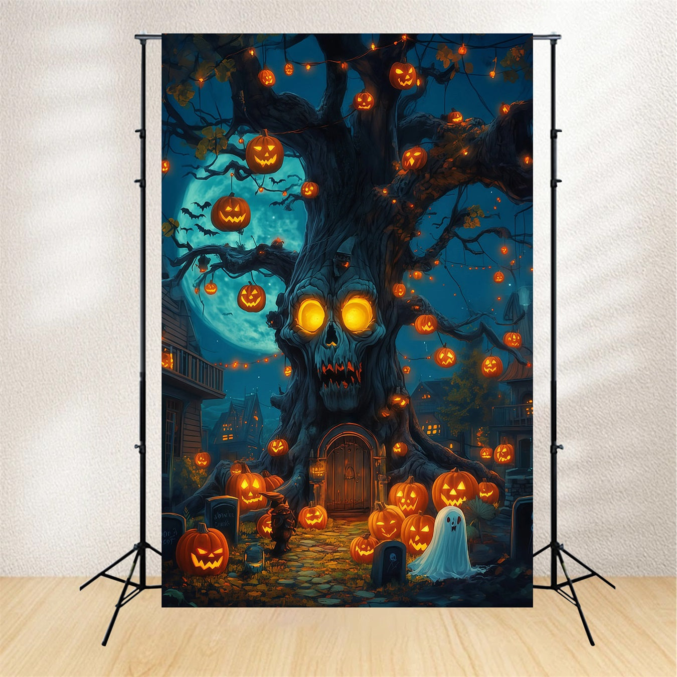 Outdoor Halloween Backdrop Skull Tree Pumpkin Lanterns Spooky Halloween Backdrop RR67-59