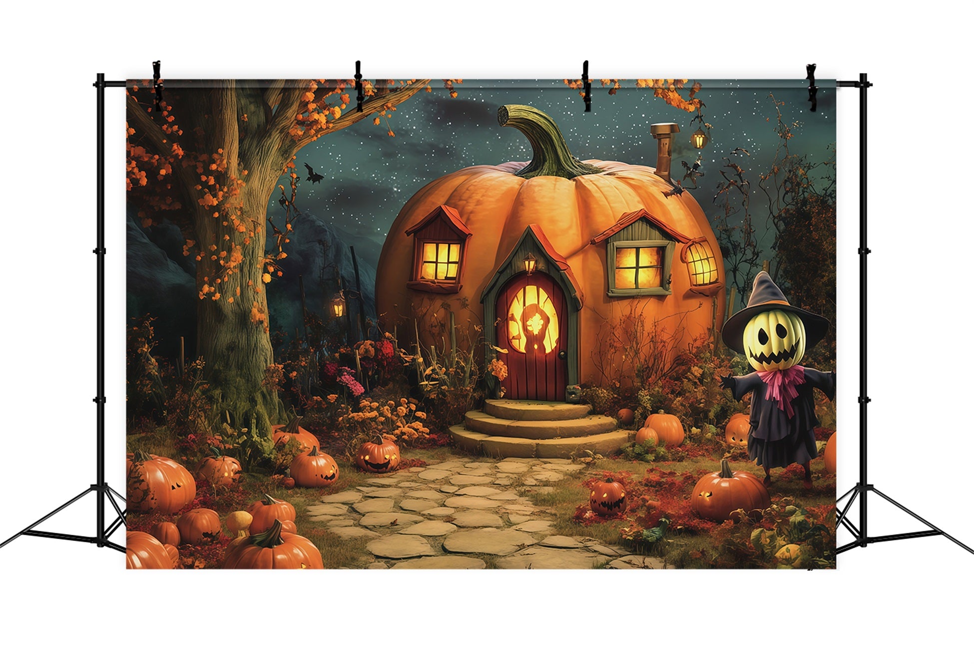 Halloween Pumpkin Backdrop Pumpkin Cottage Scarecrow Garden Halloween Photo Backdrop Ideas RR67-62