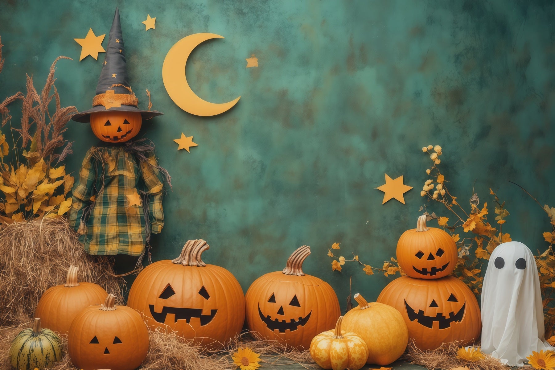 Cute Halloween Photo Backdrop Harvest Pumpkin Ghost Display Backdrop Halloween RR67-63