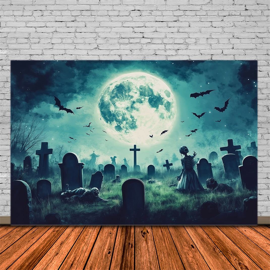 Custom Halloween Backdrop Moonlit Zombie Graveyard Bats Halloween Graveyard Backdrop RR67-64