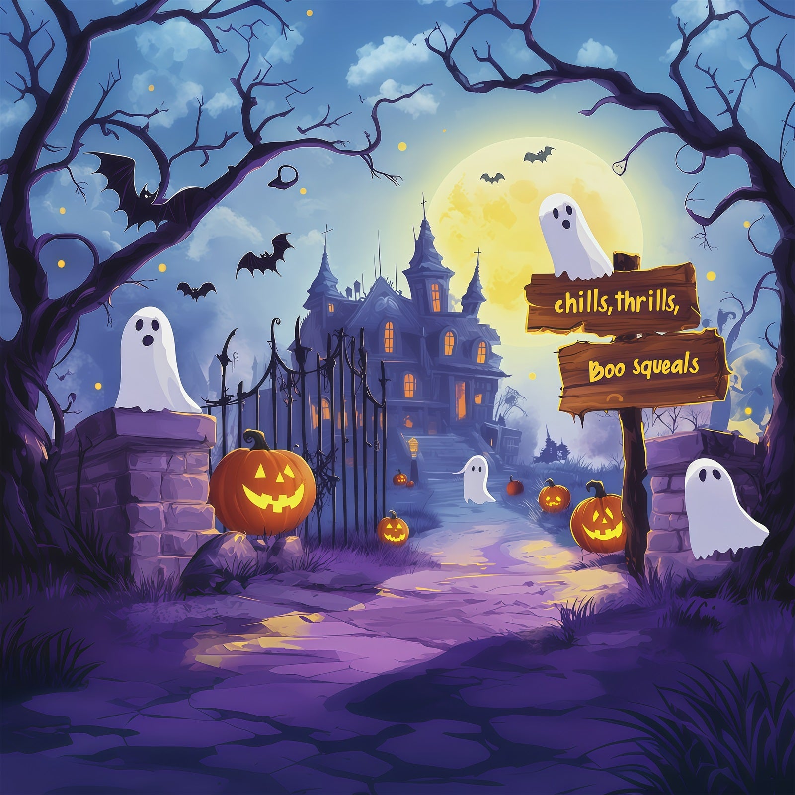 Photo Booth Halloween Backdrop Ideas Ghostly Mansion Path Pumpkins Halloween Picture Backdrop RR67-65
