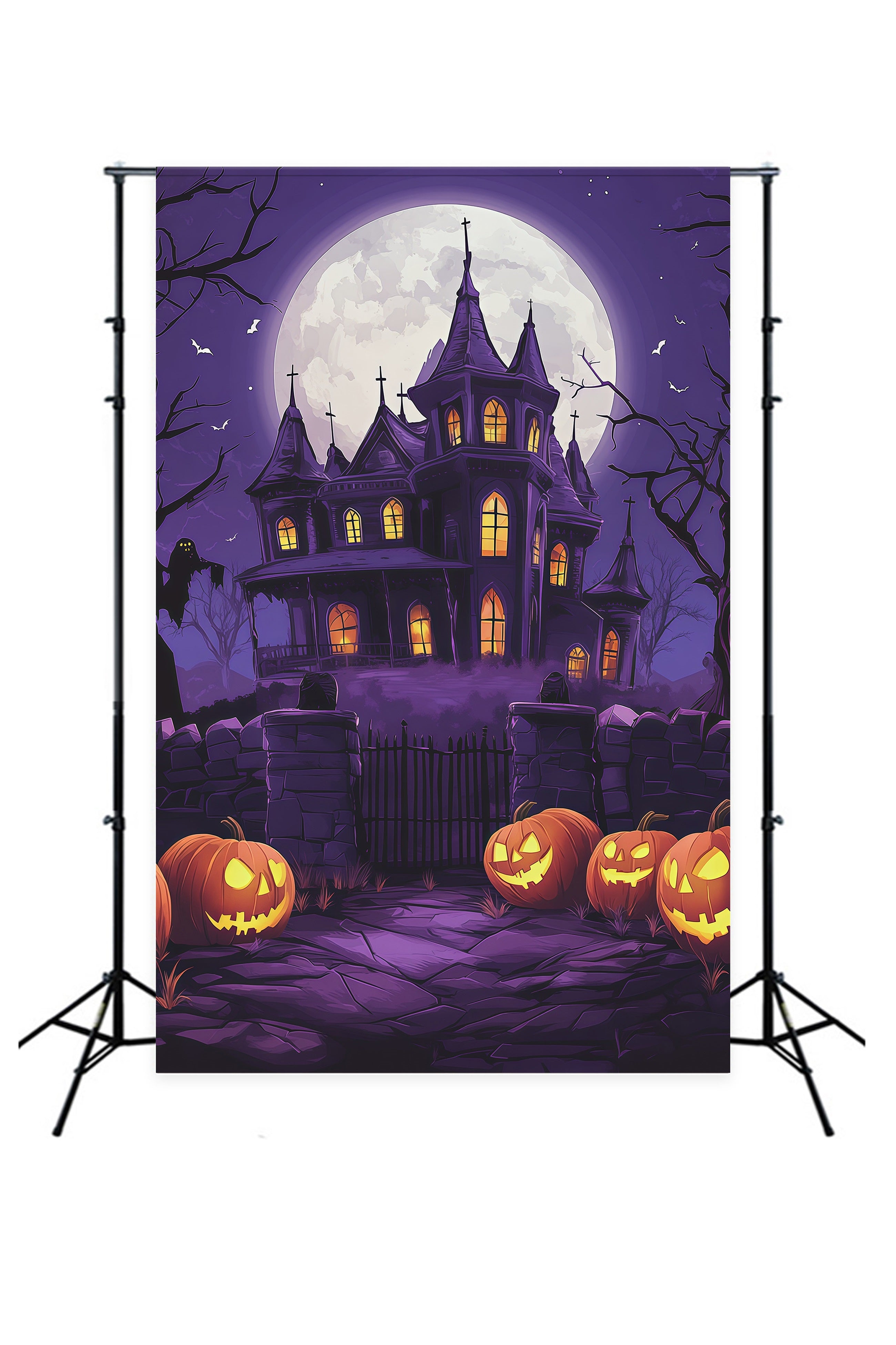 Halloween Castle Backdrop Purple Moon Mansion Pumpkins Large Halloween Backdrop RR67-66
