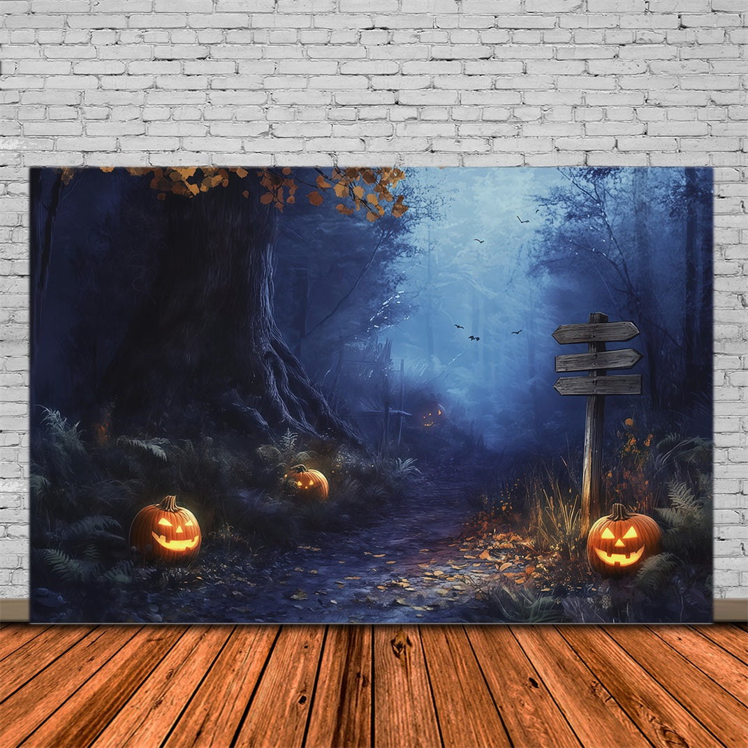 Fall Halloween Backdrop Foggy Forest Pumpkin Path Scary Halloween Backdrops RR67-67