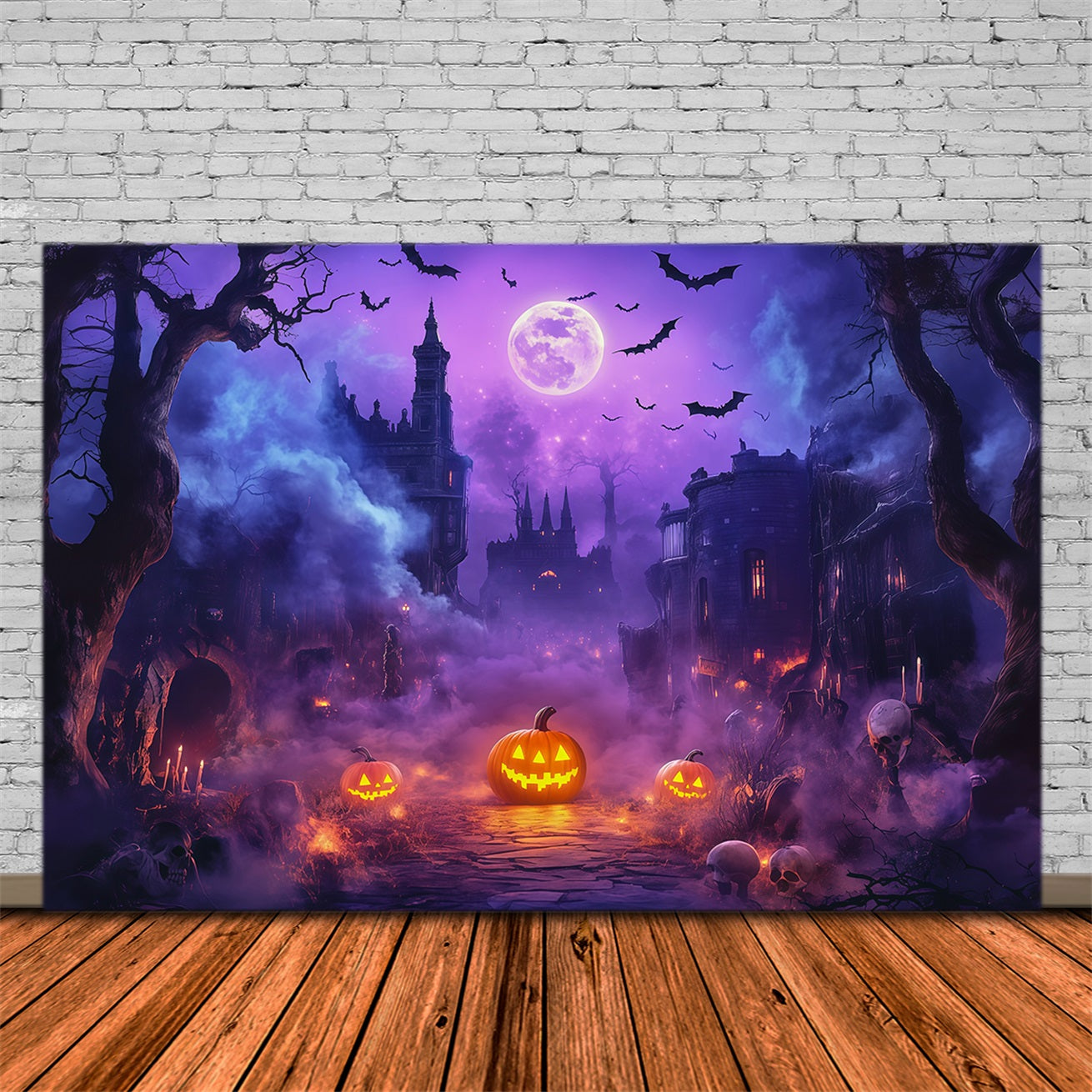 Halloween Backdrop Outdoor Purple Moon Pumpkin Castle Photo Backdrop Halloween RR67-71