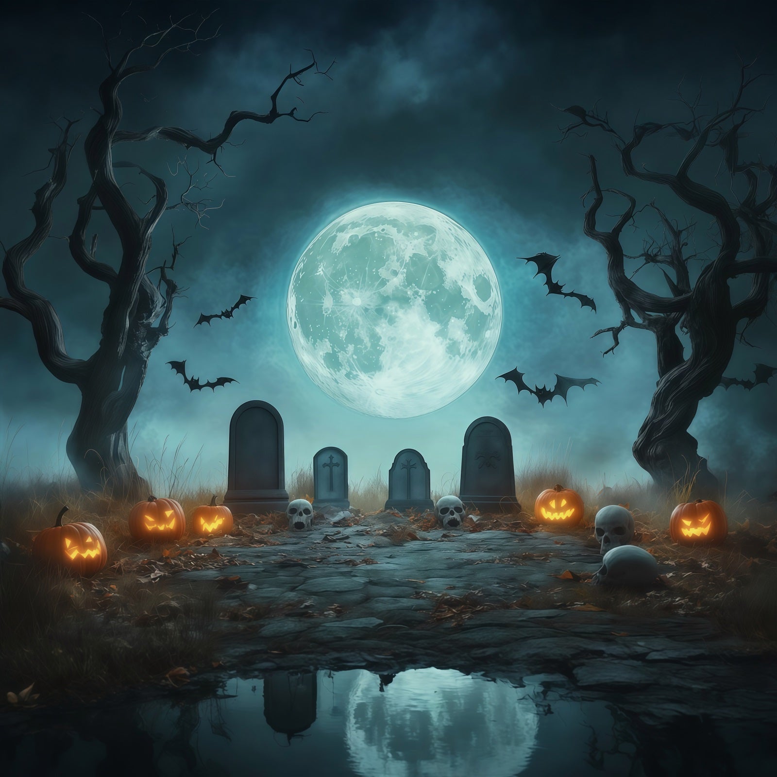 Halloween Graveyard Backdrops Moonlit Pumpkin Cemetery Path Photo Booth Halloween Backdrop RR67-72
