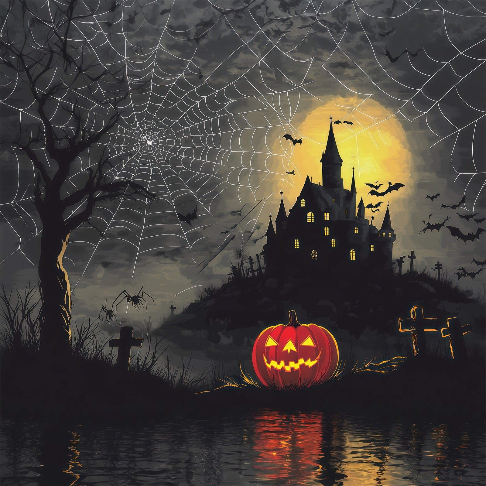 Halloween Spooky Backdrop Spiderweb Castle Pumpkin Night Spooky Halloween Backdrops RR67-74