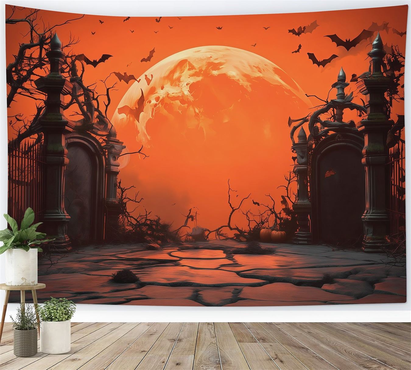 Halloween Moon Backdrop Orange Moon Cemetery Gate Halloween Photo Backdrops RR67-8