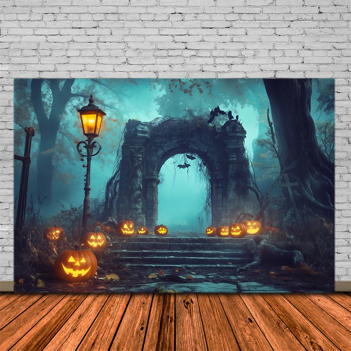 Halloween Forest Backdrop Pumpkin Stone Archway Fog Vintage Halloween Backdrop RR67-82