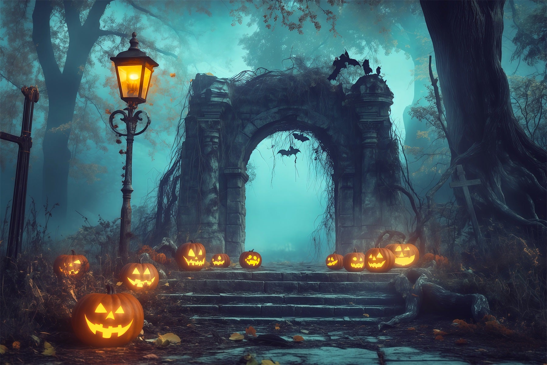 Halloween Forest Backdrop Pumpkin Stone Archway Fog Vintage Halloween Backdrop RR67-82