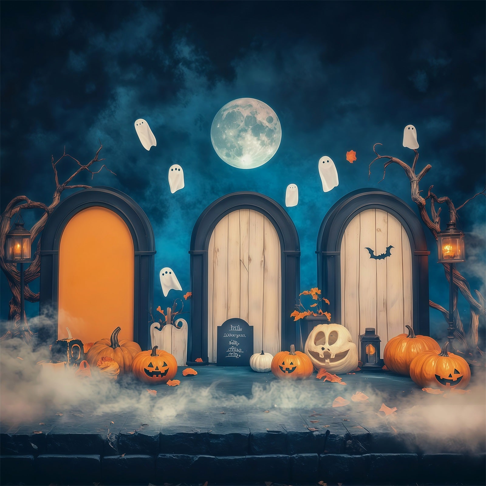 Halloween Arch Backdrop Moonlit Ghost Doorway Pumpkins Large Halloween Backdrops RR67-83