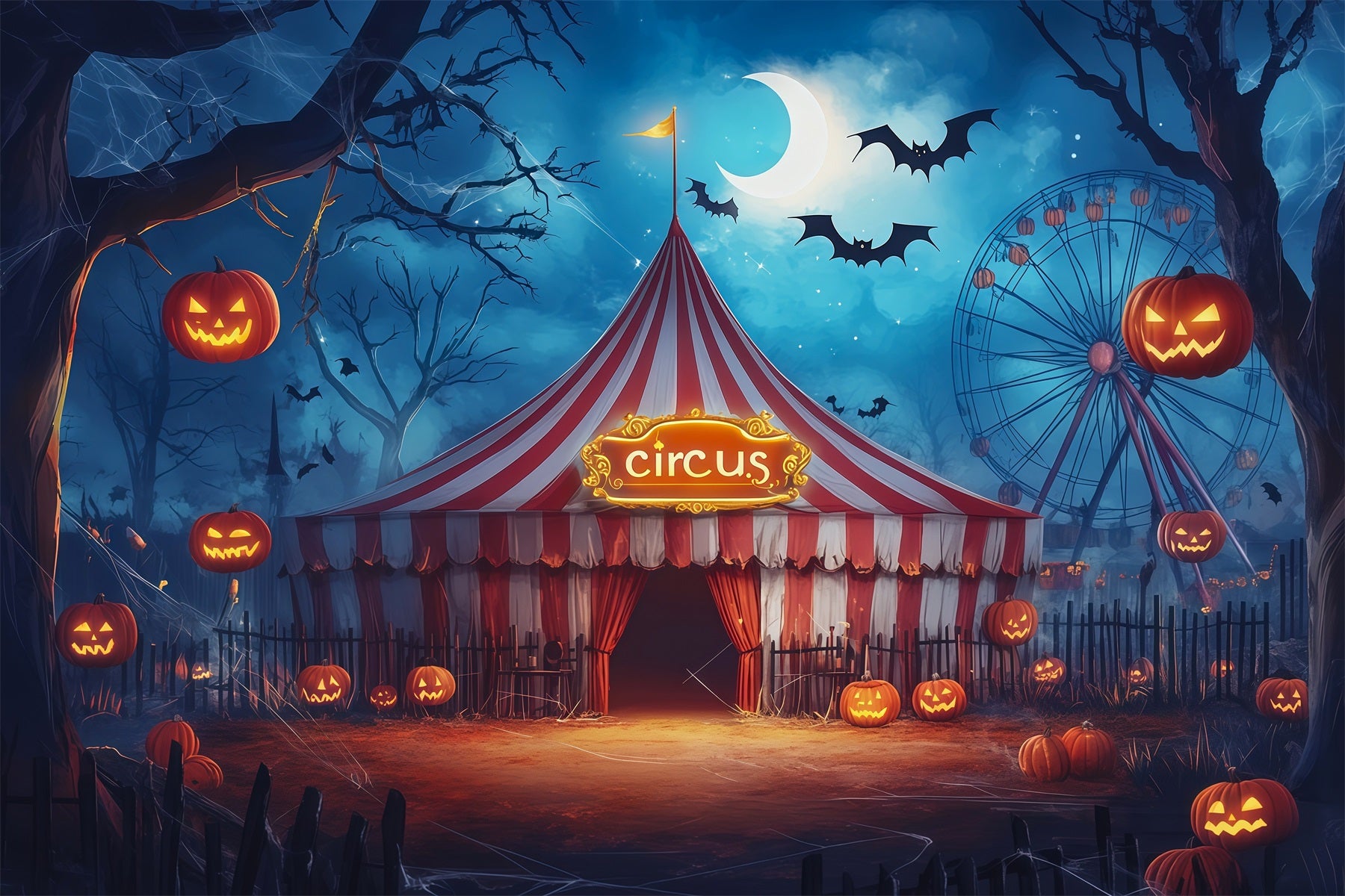 Halloween Backdrops For Pictures Moonlit Circus Pumpkin Tent Halloween Circus Backdrop RR67-89