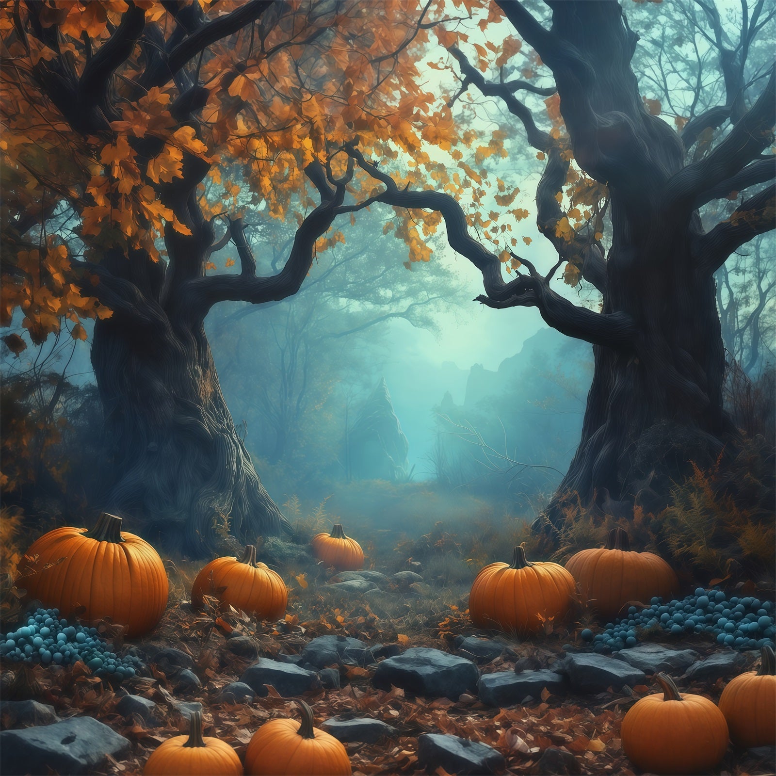 Halloween Party Photo Backdrop Ideas Misty Pumpkin Forest Path Creepy Halloween Backdrop RR67-95