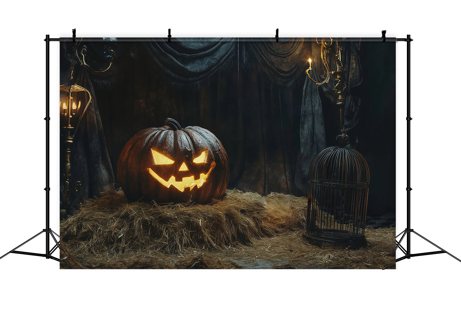 Halloween Scene Backdrop Glowing Pumpkin Hay Display Backdrop For Halloween RR67-96