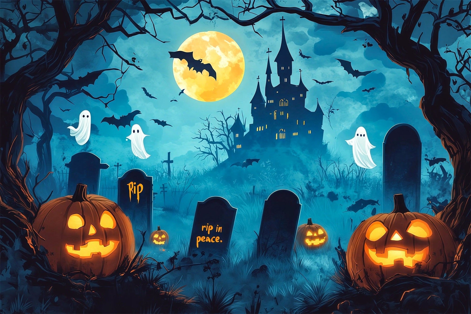 Scary Halloween Photo Backdrops Cartoon Castle Ghost Graveyard Happy Halloween Backdrop RR67-97