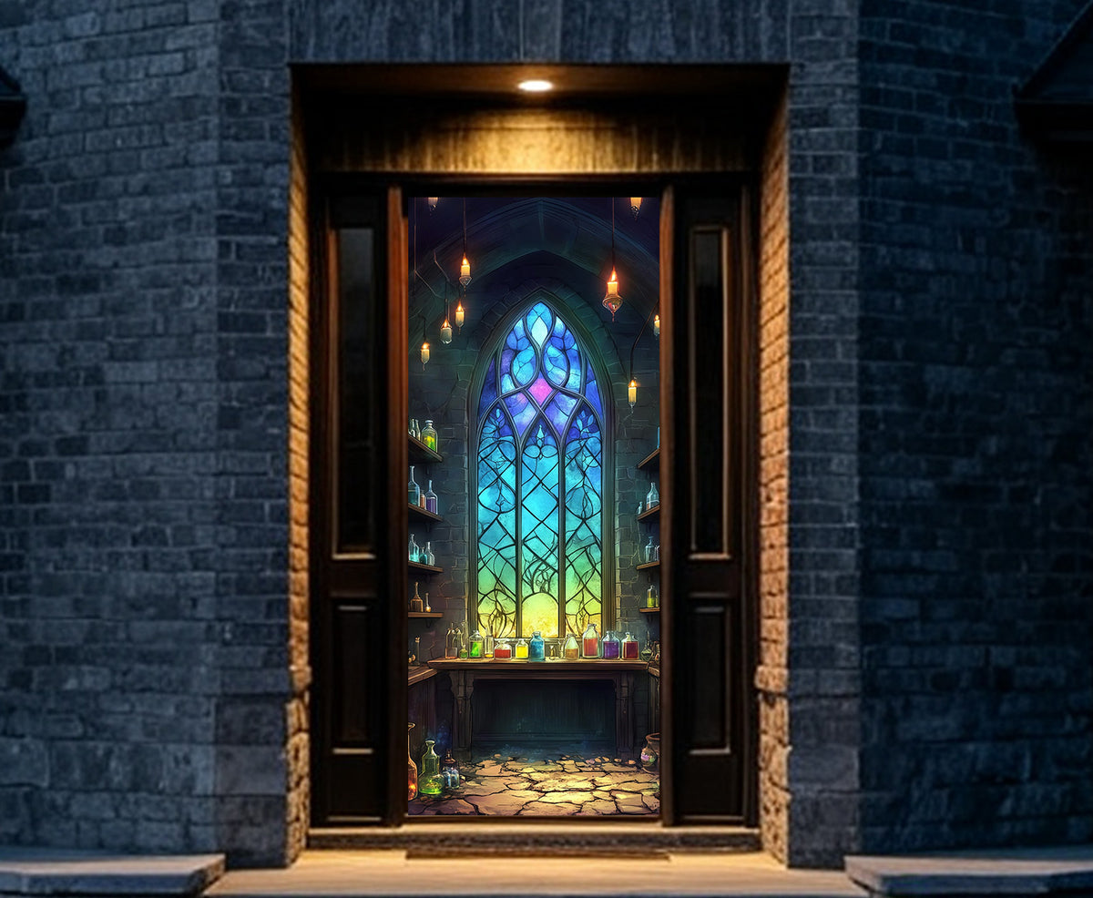 Magic Potion Shop Door Candlelit Gothic Window Halloween Party Door Cover RR68-15
