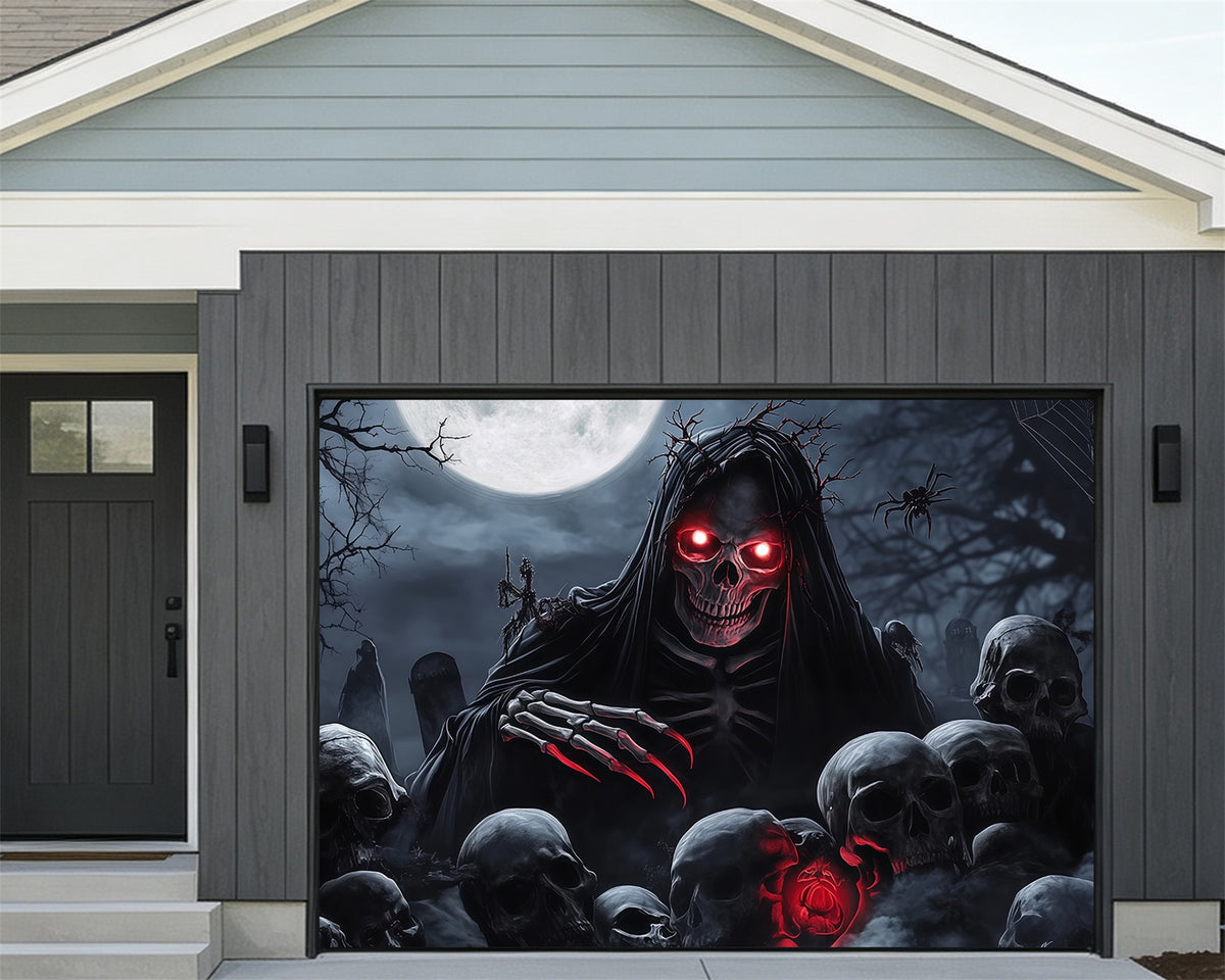 Skeleton Halloween Garage Door Cover Moonlit Grim Reaper Graveyard Full Size Halloween Garage Door Cover RR68-21-2 car