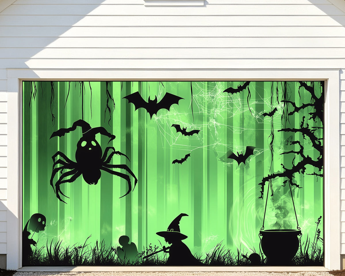 Witch Halloween Garage Door Cover Bat Spider Green Forest Two Car Garage Door Halloween Cover RR68-23-2 car