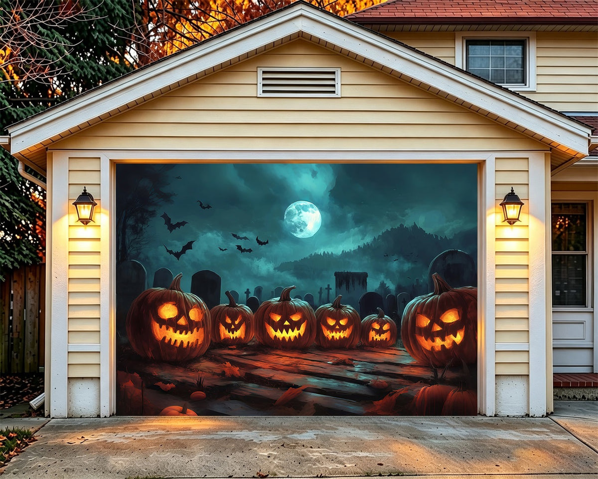 Scary Halloween Garage Door Cover Moonlit Pumpkin Graveyard Gathering Halloween Garage Door Cover RR68-41-1 car