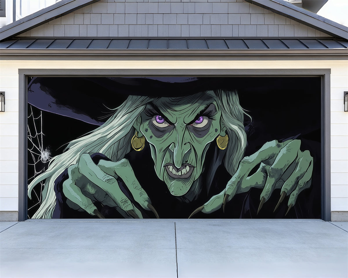 Witch Halloween Garage Door Cover Creepy Green Witch Portrait Two Car Garage Door Halloween Cover RR68-55-2 car