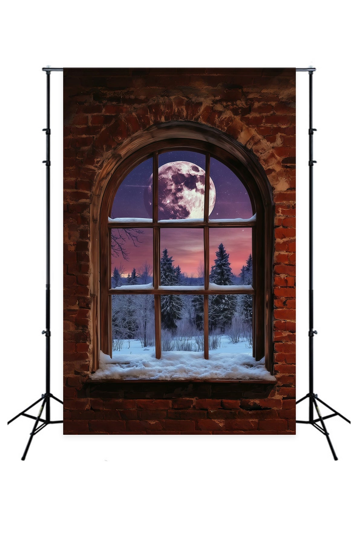 Christmas Village Mountain Backdrop Moonlit Brick Window Indoor Christmas Backdrop RR68-81