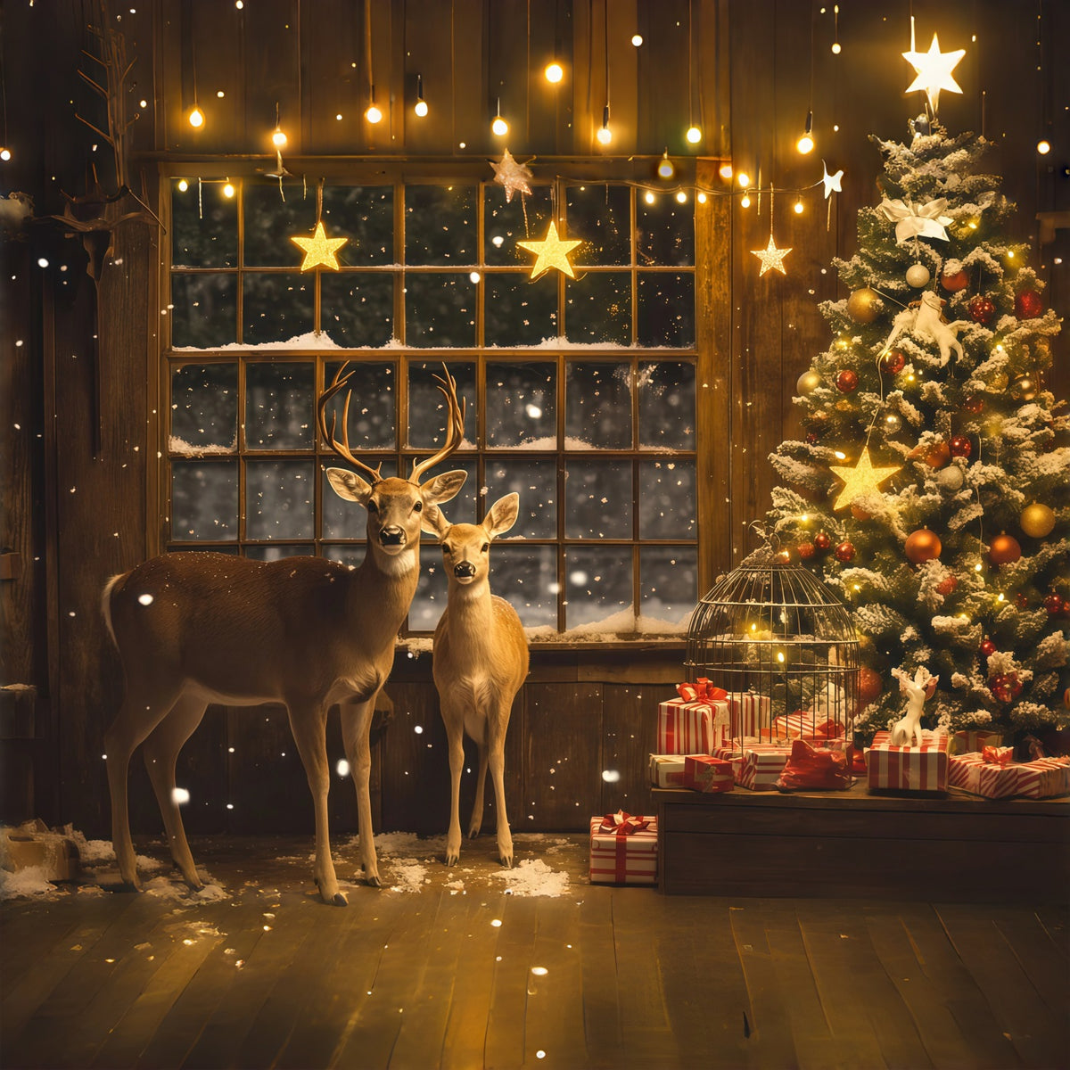 Christmas Window Backdrop Deer Stars Gift Corner Christmas Photography Backdrop RR69-3