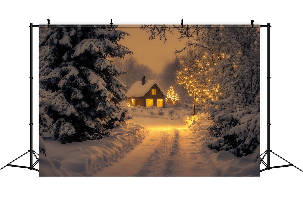 Winter Christmas Backdrop Snowy Forest Cabin Path Photo Backdrop Christmas RR69-43