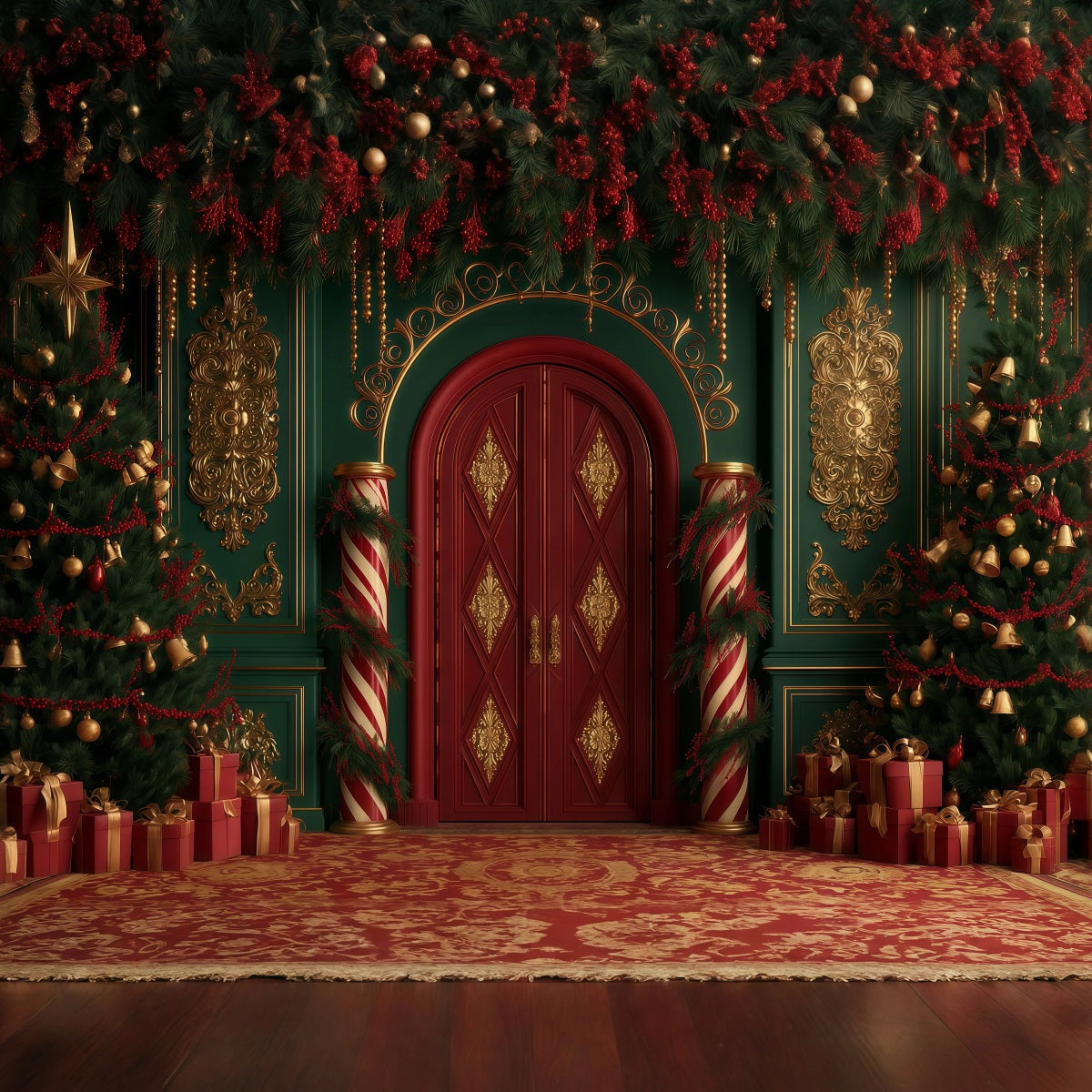 Victorian Christmas Backdrop Candy Cane Palace Entrance Christmas Muslin Backdrop RR69-83