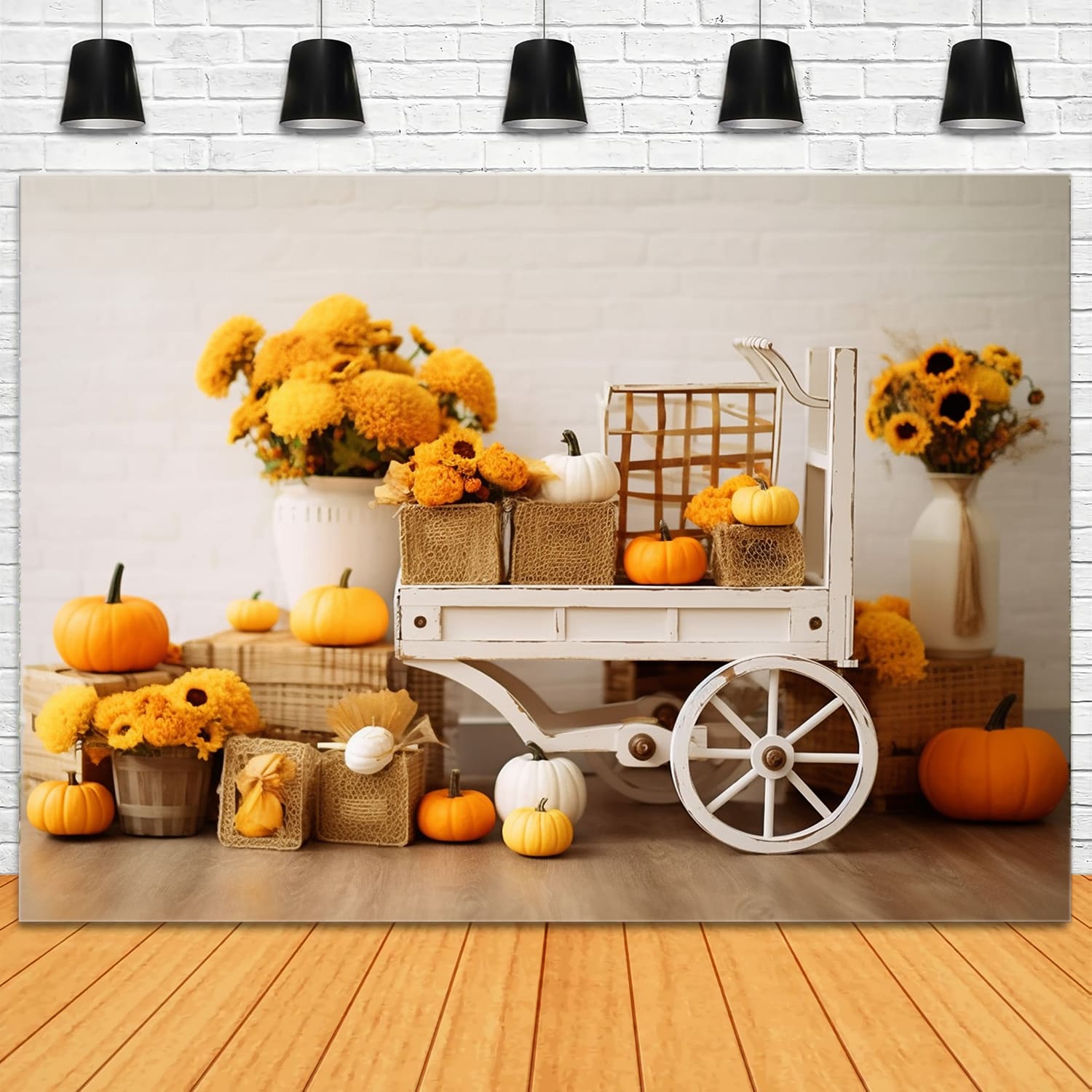 Fall Straw Sunflowers Wooden Cart Backdrop RR7-130