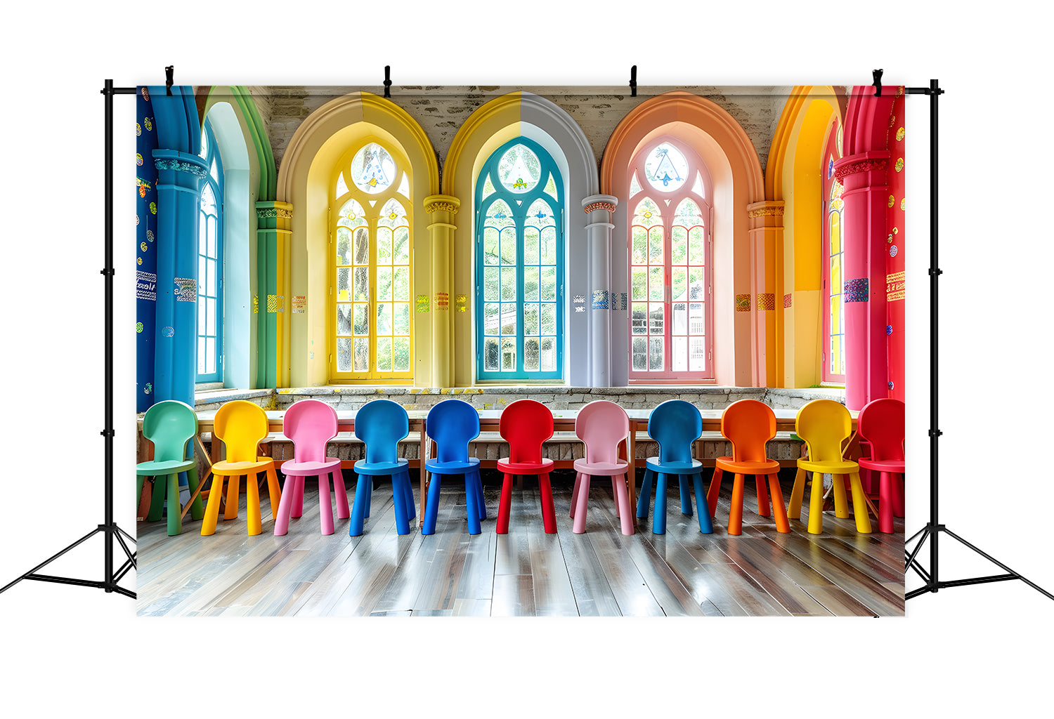 Colorful Classroom Chairs Back to School Backdrop RR7-202